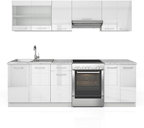 Vicco Küchenzeile Raul, Weiß Hochglanz/Weiß, 240 cm, AP Marmor, mit modularen Elementen flexibel kombinierbar