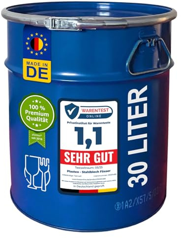 Stahlfass 30 Liter Hobbock Deckelfass Metall Blechfass Behälter | 2 Seitlichen Fallgriffen | Zyklon Staubabsaugung Geeignet | Stabil gefüllt Stapelbar