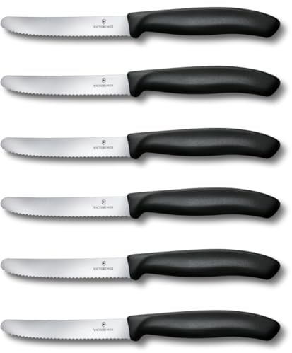 Victorinox Swiss Classic, Frühstücksmesser, Brötchenmesser, Scharfe Klinge, Wellenschliff, 11 cm, Kunststoffgriff, Rostfreier Stahl, Set 6teilig, Schwarz