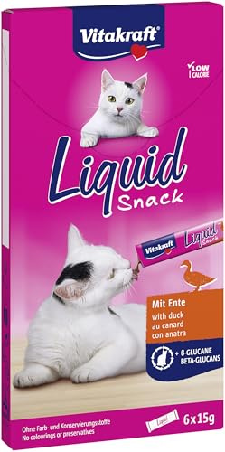 Vitakraft Liquid Snack, Katzen Leckerli, Katzensnack cremig, mit Ente und Beta Glucane, in einzelnen Sachets, verbessert die Immunabwehr (1 Paket mit 6x 15g)