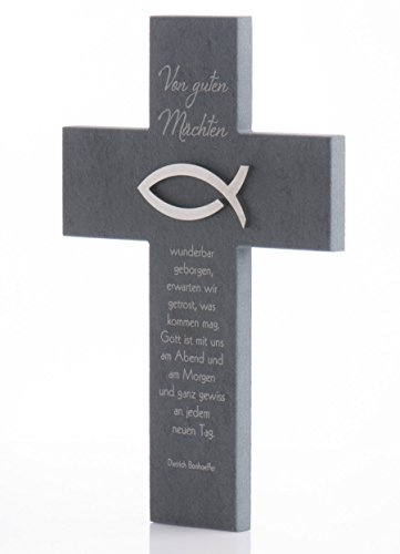 Butzon & Bercker Schieferkreuz „Von guten Mächten“ – edles Wandkreuz aus Naturschiefer mit Edelstahl‑Fisch und aufgedrucktem Bonhoeffer‑Zitat, Geschenkbox inklusive, 14,5 × 21 cm