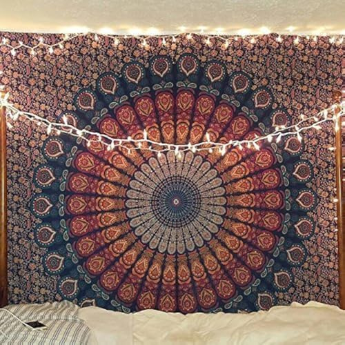 Bless International Indischer Hippie Bohemian Psychedelic Peacock Mandala Wandbehang Bettwäsche Tapisserie (Golden Blue, Twin (137x182Inches) (140x185cms))