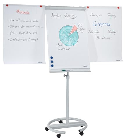 FRANKEN Flipchart, Beschreibbar, Magnetisch, Mobil, Mit Rollen und 2 Seitenarmen, Whiteboard mit Ständer, Papierhalterung und Stifteablage, 68 x 105 cm, ECO Mobil, F2400/N