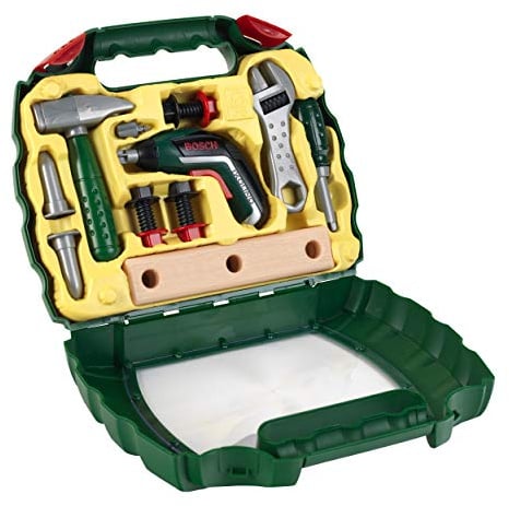 Theo Klein 8394 Bosch Ixolino Koffer | Mit Hammer, Schraubenschlüssel und vielem mehr | Batteriebetriebener Akkuschrauber Ixolino | Maße: 26,6 cm x 32 cm x 8,8 cm | Spielzeug für Kinder ab 3 Jahren