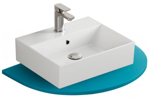 Aqua Bagno Handwaschbecken 50 cm Keramik Weiß, Hängewaschbecken rechteckig für Wandmontage, Aufsatzwaschbecken mit Hahnloch und Überlauf, platzsparender Waschtisch fürs Gäste-WC