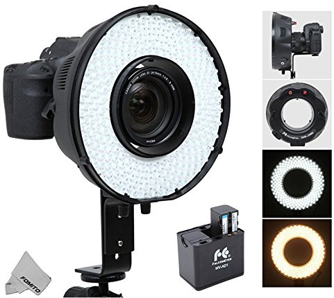 Fomito Portable LED Makro Ring Blitzlicht DVR-240 DF 3200k-6500k für Canon Nikon Sony Pentax DSLR Kameras + MV-AD1 Ersatz Akku-Box Adapter für Sony NP-F750, AA Batterien