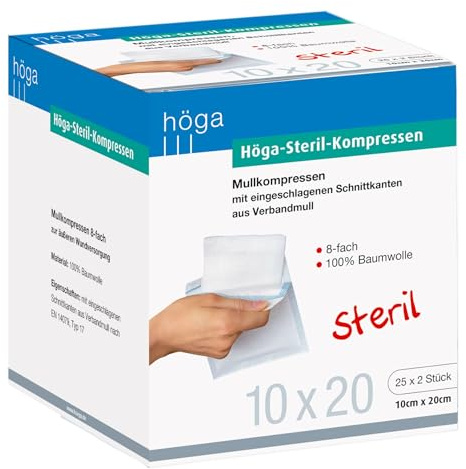 Höga Steril-Kompressen, sterile Mullkompressen - 10 x 20 cm - 25x2 Stück, steril, 8-fach, EN 14079-Typ 17