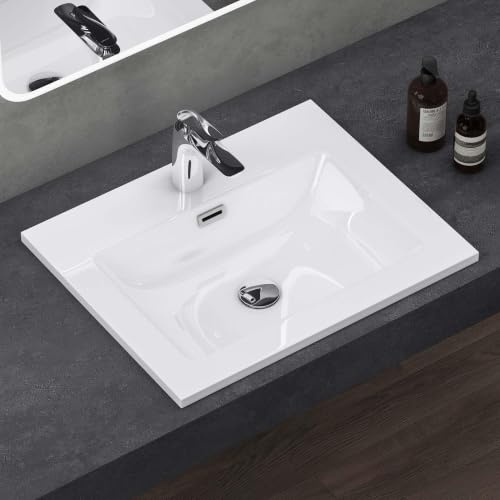 doporro Waschbecken mineralguss Einbauwaschbecken 60x48x14cm weiß | Einbauwaschtisch Eckig mit Überlauf Waschtisch Handwaschbecken, Einfache Montage, DIN-Anschlüsse Colossum02