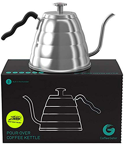 Coffee Gator Schwanenhals-Wasserkocher mit Thermometer -1 L Premium-Edelstahl-Wasserkocher, Herdplatte, mit Präzisions-Tropfauslauf, für Filterkaffee, French Press, Teekocher