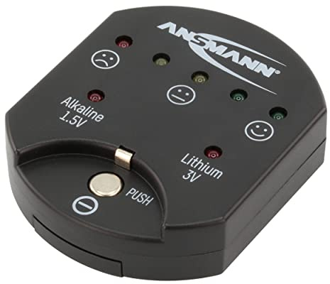 ANSMANN Knopfzellentester/Zuverlässiges Testgerät zum Anzeigen der Kapazität über LEDs/Kapazitätsanzeige für Alkaline & Lithium Knopfzellen/Einfache Handhabung bei kompakter Größe