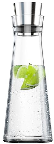 Emsa 515675 Flow Slim Glaskaraffe | 1 Liter | Automatische Verschlussklappe | Edelstahl |10.5 x 10.5 x 37.5 cm
