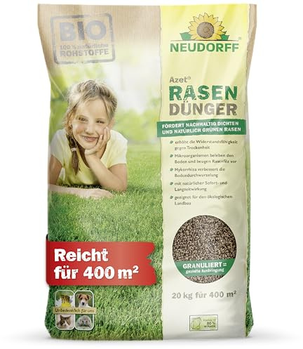 Neudorff Azet RasenDünger – Bio Rasendünger für 400 m² sorgt für eine dichte, grüne und strapazierfähige Rasenfläche mit 6 Monaten Langzeitwirkung, 20 kg