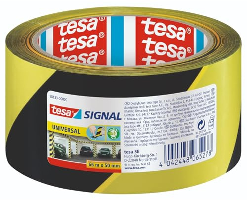 tesa Signal Markierungsklebeband UNIVERSAL - selbstklebendes Warnband zur permanenten Markierung und Kennzeichnung von Gefahrenzonen - aus robustem PP - 66 m x 50 mm - Gelb/Schwarz