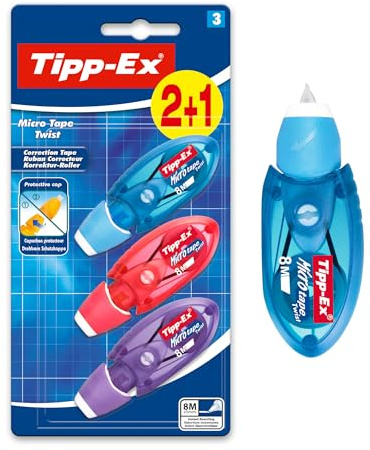 Tipp-Ex Korrekturroller Micro Tape Twist mit Schutzkappe, in 3 Farben (nicht wählbar), 8m x 5 mm, 3er Pack, Ideal für die Schule