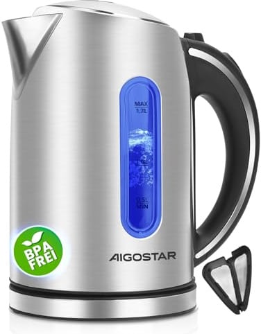 Aigostar Wasserkocher Edelstahl mit Blaue LED-Wasserstandsanzeige | 1,7 Liter, 2200 Watt, BPA-frei, Schnelles Kochen Elektrischer Wasserkocher, mit Kalkfilter, Auto-off & Trockenlaufschutz