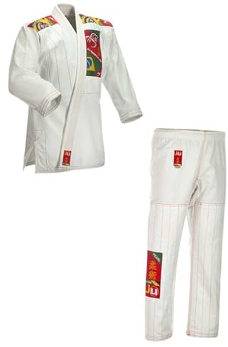 Ju-Sports BJJ Anzug Kids Weiß 120 I Leichter, schlanker Brazilian Jujutsu Anzug speziell für Kinder I BJJ Gi im bunten Design I Inkl. weißem Gurt I 100% Baumwolle