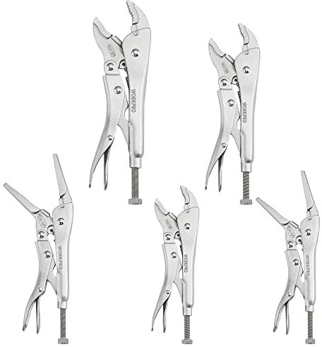 WORKPRO 5-tlg. Gripzangen Set (gebogene Backe Zange 254/178/127mm, Langbeck-Gripzange 229/165mm) Cr-V Stahl mit Selbstklemmfunktion/Einstellschraube/Auslösehebel