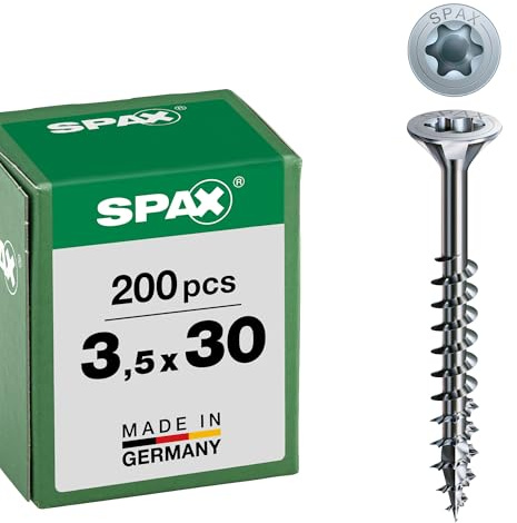SPAX Universalschraube, 3,5 x 30 mm, 200 Stück, T-STAR plus, Senkkopf, Teilgewinde, 4CUT, WIROX A3J, blank verzinkt, 0191010350303