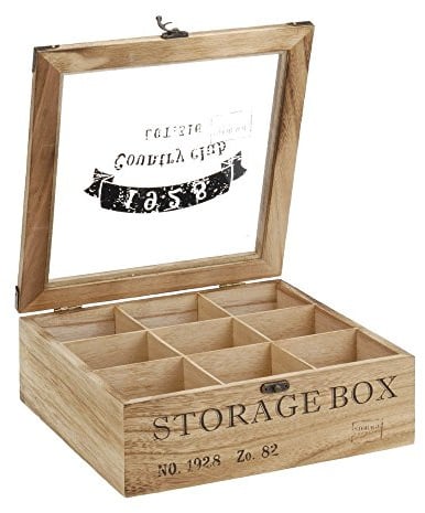 ToCi Teebox Holz Natur mit 9 Fächern – Rechteckige Teekiste mit Sichtfenster im Vintage-Look - Teedose zur Aufbewahrung von Teebeuteln, Gewürzen & Kleinteilen | 24 x 24 x 8,5 cm