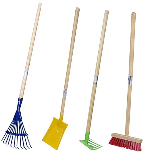Land-Haus-Shop Kinder Gartengeräte Set 4 TLG, Besen Harke Rechen Schüppe Garten Geräte Spielzeug