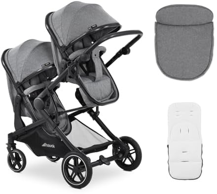 hauck Atlantic Twin, Melange Grey - Zwillingskinderwagen ab Geburt bis 15 kg je Kind - 2 Babywannen Umbaubar zu Drehbare Sportsitze mit Liegeposition - Faltbar - Höhenverstellbar - Gummi Räder