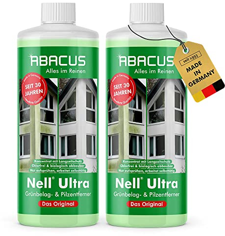 ABACUS® Nell Ultra Grünbelagentferner & Algenentferner Konzentrat, extrem stark! Entfernt Grünbelag & Algen selbsttätig ohne zu Schrubben – für Stein, Fassade, Terrasse, Dach – Nell Ultra 2x 1000 ml