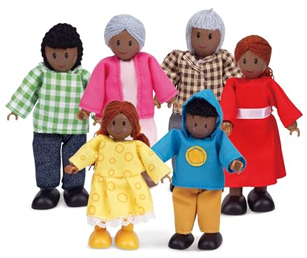 Hape Puppenfamilie – Dunkle Hautfarbe, 6-teiliges Puppenhaus-Zubehör mit Figuren aus Holz und Stoff, Rollenspiel, pädagogisches Spielzeug, interaktives Lernspielzeug für Kinder ab 3 Jahren