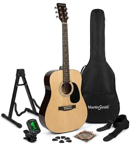 Martin Smith Akustikgitarre mit Gitarrenständer Gitarrentuner Gitarren Tasche Gitarrengurt Gitarre Plektren und Gitarrensaiten Natur
