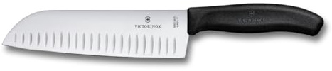 Victorinox Swiss Classic Santokumesser, Messer Asiatischer Art, Extra Scharfe Klinge, Kullenschliff, 17 cm, Rostfreier Stahl, Blister, Schwarz