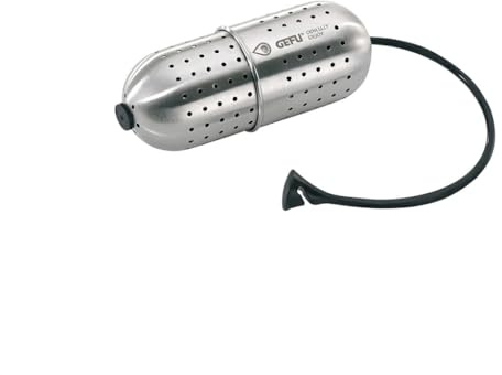 GEFU Gewürzsieb GUSTO zum Mitkochen - Sieb aus rostfreiem Edelstahl und Silikon-Kette für Tee, Kräuter und Gewürze