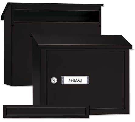 ARREGUI V4081 Komplettes Durchwurfbriefkasten Pack. Einwurfblende + Mauerdurchwurf Briefkasten. Briefschlitz Abdeckung und hinterer Briefkasten aus verzinktem Stahl, Größe M (DIN A4), Schwarz