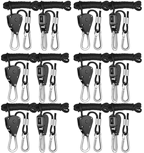 iPower 1/8 6-Paar Seil Ratsche mit Haken, Seil Ratsche Kleiderbügel Aufhänger für Hängende Zelt Wachsen Pflanze Lampe, 150lb Kapazität Pro Paar, Schwarz