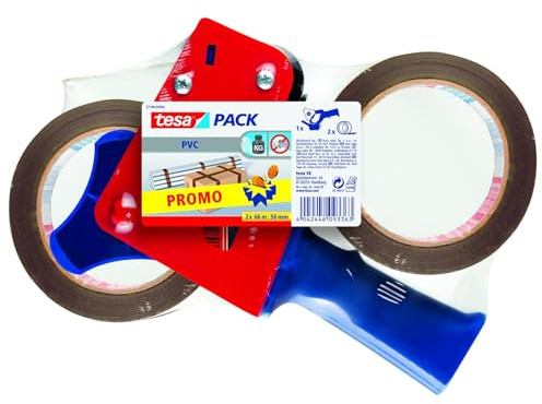 tesa tesapack Extra Strong Paketbandabroller - Set mit 2 x PVC-Klebebändern | Abroller für Paketbänder und 2 Rollen braunes Paketklebeband, 66 m x 50 mm - Packband für schwere Pakete