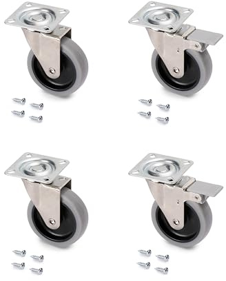 Emuca - Set aus 4 Lenkrollen für Möbel Ø75mm mit Anschraubplatte und Kugellager, schwenkrollen Gummi aus grau Farbe