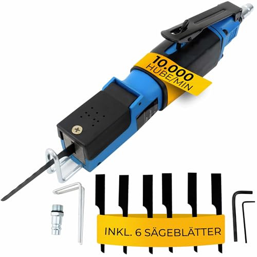 MONZANA Säbelsäge Druckluft 6 Sägeblätter 10.000 U/min | Karosseriesäge, Anschlagbügel, Für Stahlblech, Aluminium & Kunststoff bis 1,5mm Stärke, 1/4’’ Druckluftanschlüsse, Blechsäge