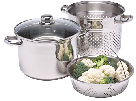 KitchenCraft World of Flavours Pastatopf mit Sieb und Gemüsedampfkorb in Geschenkbox, induktionssicher, Edelstahl, 4 Liter