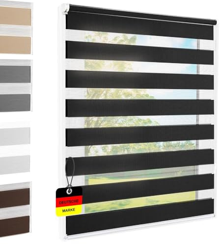 Doppelrollo Klemmfix ohne Bohren Schwarz 110x140 cm [Stoffbreite 106cm] | Duo Rollo Fensterrollo für Fenster/Türen Gardine Klemmrollo Seitenzugrollo Sichtschutz Sonnenschutzrollo Zebrarollo