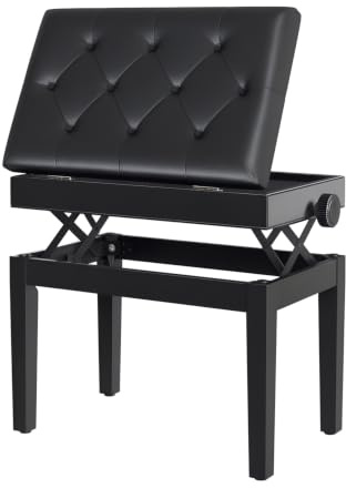 HOMCOM Klavierbank Höhenverstellbar mit Stauraum 54,5x33x48-58cm Schwarz | Holzbeine, Klavierhocker aus Kunstleder, für Musikzimmer, Belastbar bis 200 kg