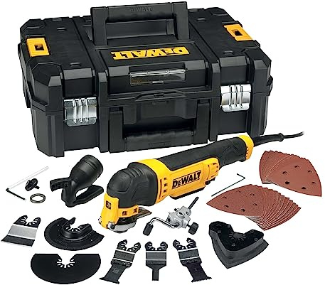 Dewalt 300 W oszillierendes Multi-Tool DWE315KT (stufenlos regulierbare Geschwindigkeit, werkzeugloser Zubehörwechsel, LED-Leuchte, Staubabsaugung, inkl. 37-tlg. Zubehör Set, T-STAK-Box)