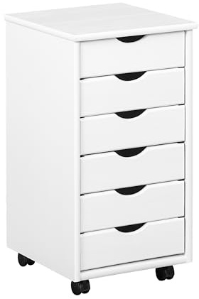 Inter Link – Rollcontainer – Rollcontainer mit 6 Schubladen – Bürocontainer - Rollschrank – Rollwagen – Schubladenkommode - Massiv Kieferholz – Weiß Lackiert - 35 x 40 x 65 cm - Simon