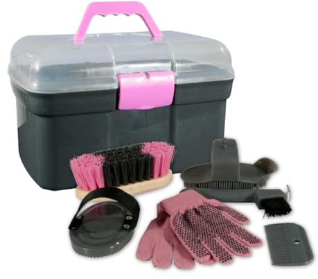 PFIFF 100576 Putzkiste mit Inhalt, Kinderputzbox, 6-teiliges Putzzeug für Kinder, Pferdepflege, Grau