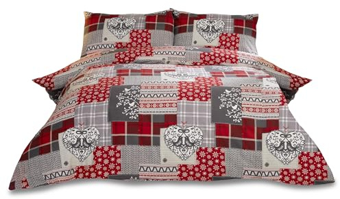 Alpine Patchwork Schneeflocke Feinbiber Thermo 100% Baumwolle Biber Quilt Bettbezug Set, baumwolle, Red/multi-colour, 200 x 200 x 0.5 cm