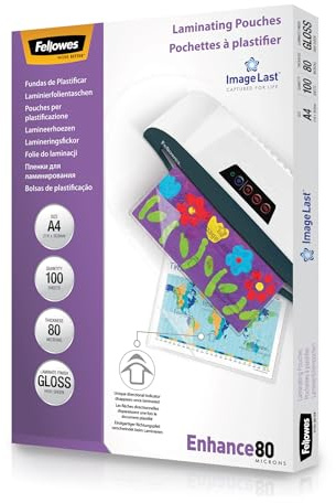 Fellowes Laminierfolien A4 ImageLast, 80 Mikron (2 x 80 mic), glänzend, 100 Stück, transparent mit Ausrichtungshilfe