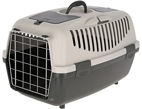Kerbl Pet Transportbox Gulliver (Box für Katzen/Kleintiere, mit Metalltür + Vorrichtung für Autosicherheitsgurt, Farbe hellgrau/dunkelgrau)