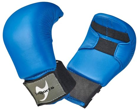 Ju-Sports Karate Handschuhe - blau, Kunstleder I Gepolsterter Hände Schutz für Training & Wettkampf I Karate Handschutz mit 2 Schlaufen ohne Daumen I Größe M