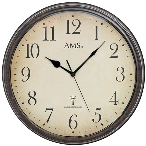 AMS 5962 Wanduhr 32 cm - Lautlos ohne Tickgeräusche, Vintage Retro, Funkwanduhr mit Arabischen Ziffern, Bruchsicheres Acrylglas, Analoge Funkuhr für Wohnzimmer, Küche & Büro