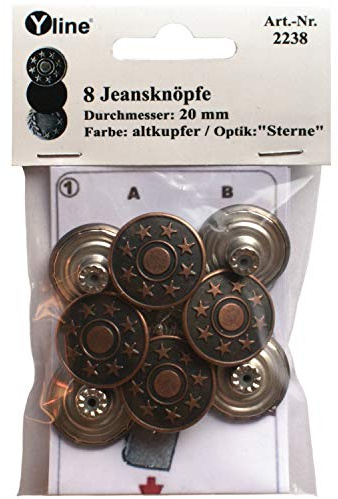 8 Jeans Knöpfe altkupfer 20 mm, Jeansknöpfe Metallknopf, Metall Knöpfe, nähfrei, im Polybeutel, sl, 2238