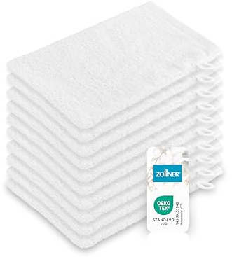 ZOLLNER 10er Set Waschhandschuhe in 16x21 cm - saugstarke und Flauschige Waschlappen aus Baumwolle - waschbar bis 95°C - mit praktischem Aufhänger - in weiß - Hotelqualität