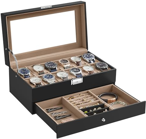 SONGMICS Uhrenbox mit Glasdeckel, 2 Ebenen, für 12 Uhren, abschließbar | 1 Schublade, für Ringe, Armbänder, Geschenkidee, PU-Bezug in Schwarz, Innenfutter in Schwarz, BRIDIE Kollektion JWB012