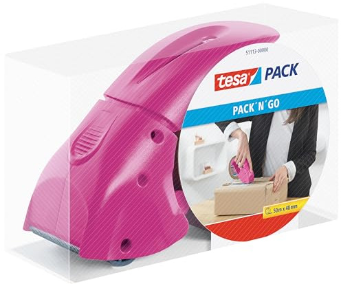 tesa tesapack Abroller Pack' n' Go - Ergonomischer, pinker Handabroller für Paketbänder - Inklusive 50 m x 50 mm Klebeband